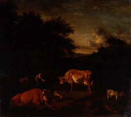 Shepherdess and a Drover with their Flocks by a Classical Fountain in a Wooded Landscape from Adriaen van de Velde