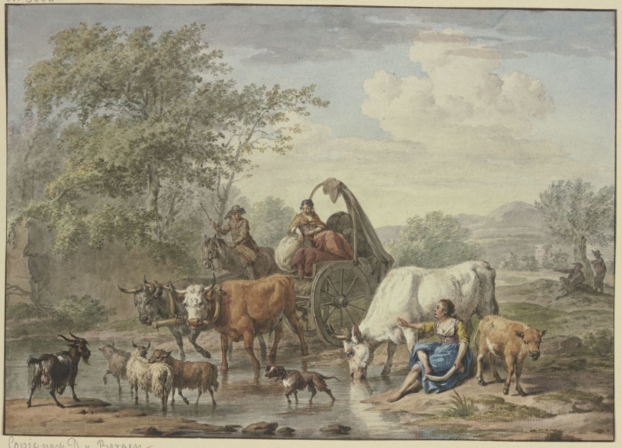 Hirten fahren mit einem Wagen durchs Wasser, rechts eine Hirtin, die sich die Füße wäscht, bei einer from Aert Schouman