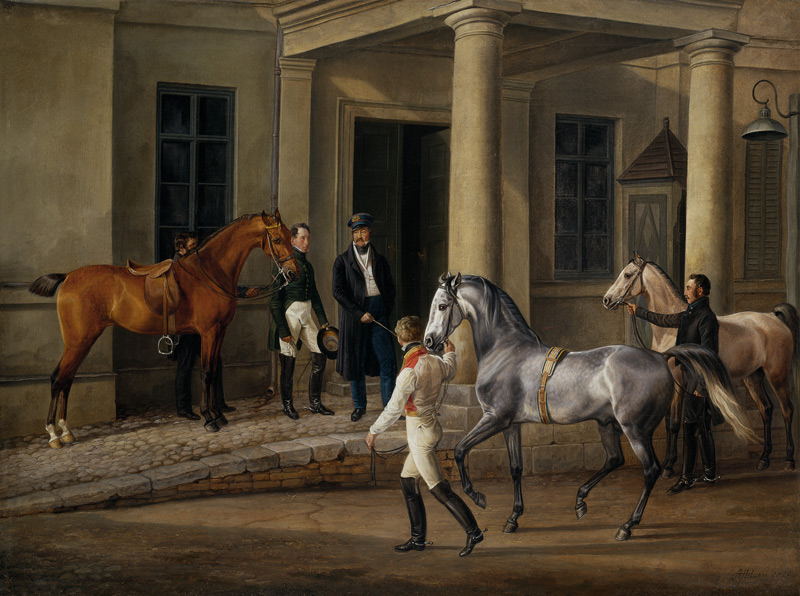 Dem Schloßherrn werden zwei edle Pferde vorgeführt. from Albrecht Adam