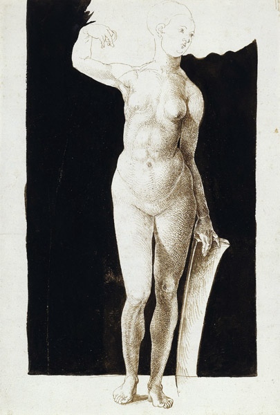 Proportion study of female nude with a shield from Albrecht Dürer