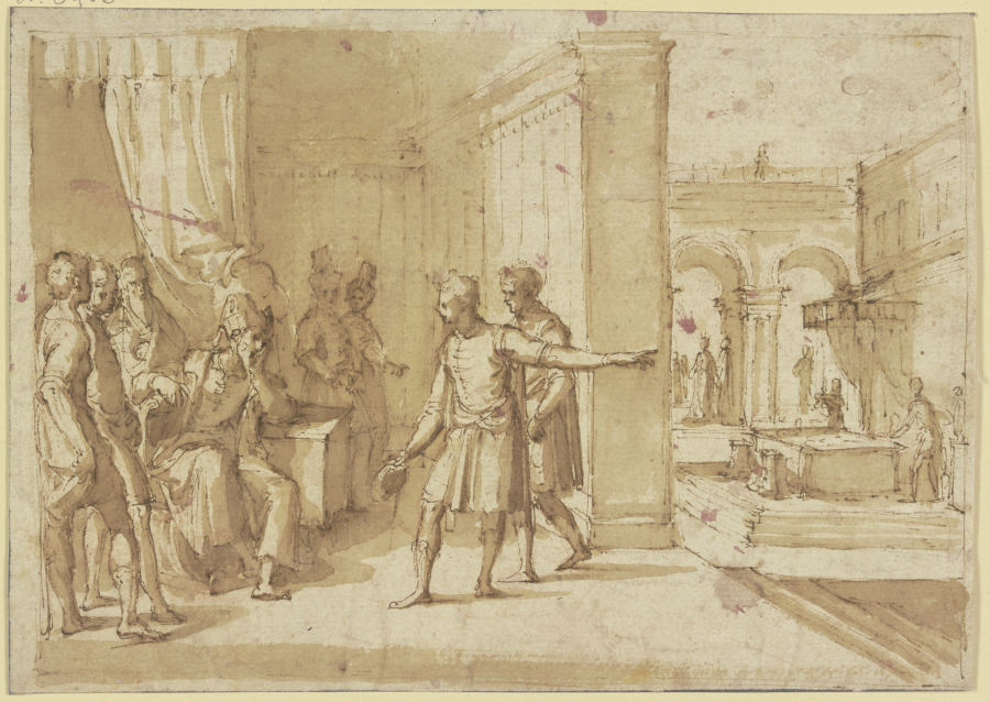 Ein Fürst sitzt in seinem Gemach umgeben von Dienern, im Hofe ist ein Tisch unter einem Baldachin er from Alessandro Allori