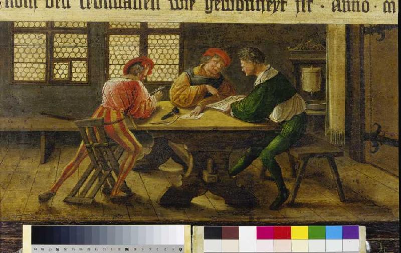 Schulmeister erklärt zwei des Lesens unkundigen Gesellen ein Schriftstück. from Ambrosius Holbein