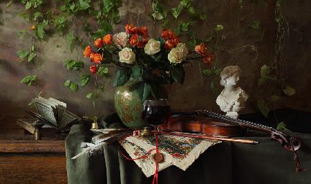 Stillleben mit Geige und Blumen
