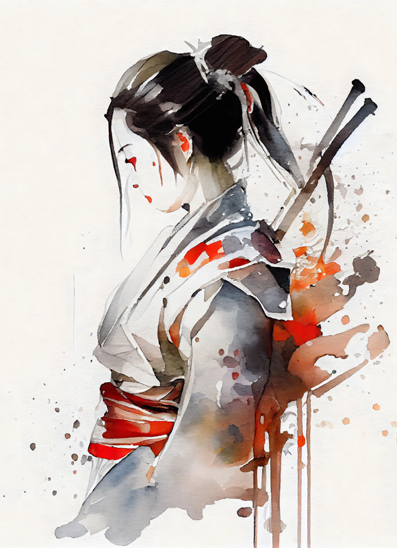 Japanische Geisha Kämpferin mit Samurai Schwertern. Aquarell Porträt from Anja Frost