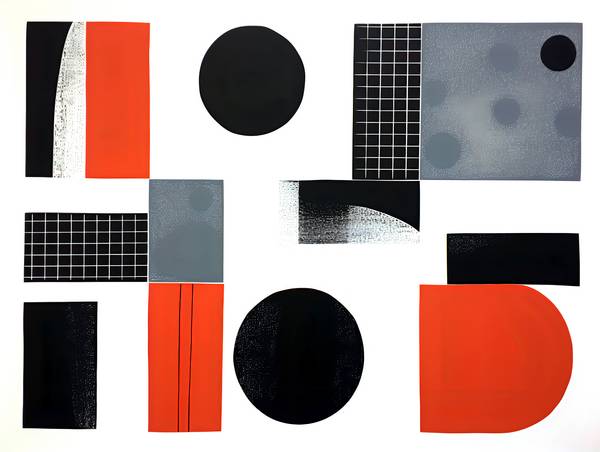 Geometrische Abstraktion in Rot, Weiß und Schwarz: Linolschnitt mit Kreisen und Vierecken from Anja Frost