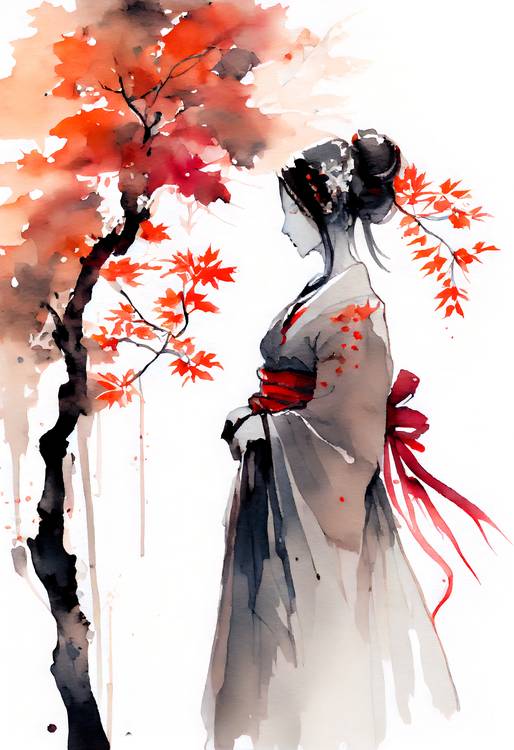 Japanische Geisha mit herbstlichem Ahornbaum. Aquarell from Anja Frost