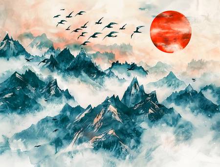 Vögel fliegen über Chinas Berge der roten Sonne entgegen