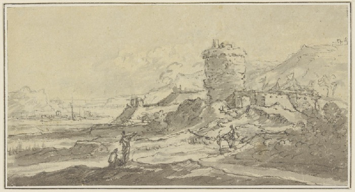 Ruine mit einem Turm in einer hügeligen Landschaft from Anonym