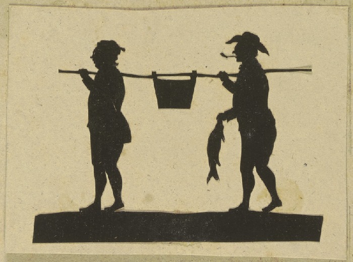 Zwei einen Bottich mit Fischen tragende Männer, der hintere hält einen Fisch in der Hand from Anonym