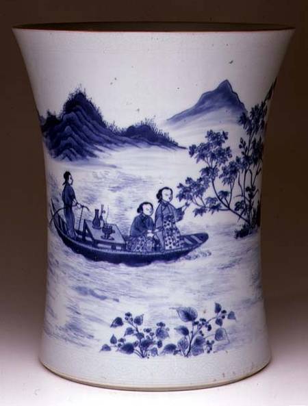 Blue and White Brushpot, painted with ladies in a punt, Chinese,Transitional period from Anonymous