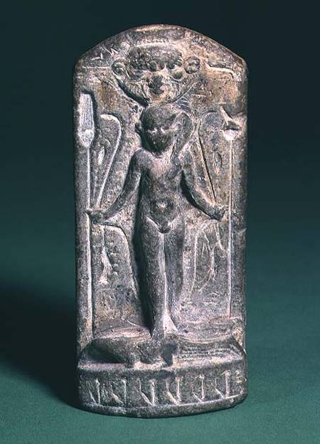 Cippus depicting a nude sun-god Horus on the front, holding sceptres and snakes in both hands and st from Anonymous