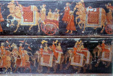 Detail from two painted wood panels depicting processions with soldiers, carriages, oxen and elephan from Anonymous