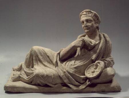Elderly man holding a garland and a phiale; cover of a cinerary urnEtruscan period from Anonymous
