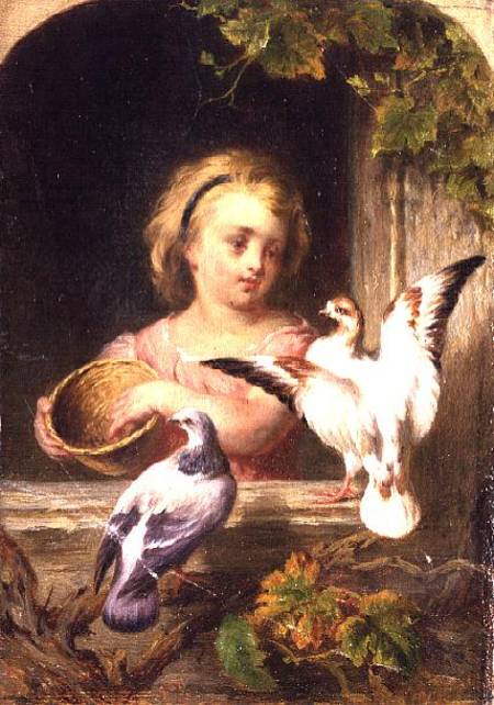 Girl Feeding Pigeons signed G.J.H. from Anonymous