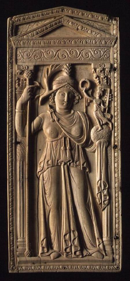 Ivory relief tablet depicting a helmeted Roman goddess holding a sceptre in her right handan orb wit from Anonymous