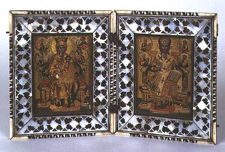 Madonna and Child and Christ Enthroned Byzantine icon with mother-of-pearl and tortoiseshell frame from Anonymous