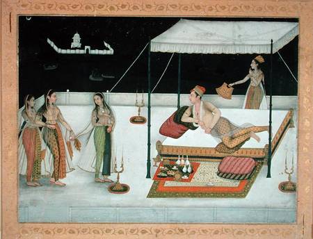 A Mughal prince receiving a lady at night from Anonymous