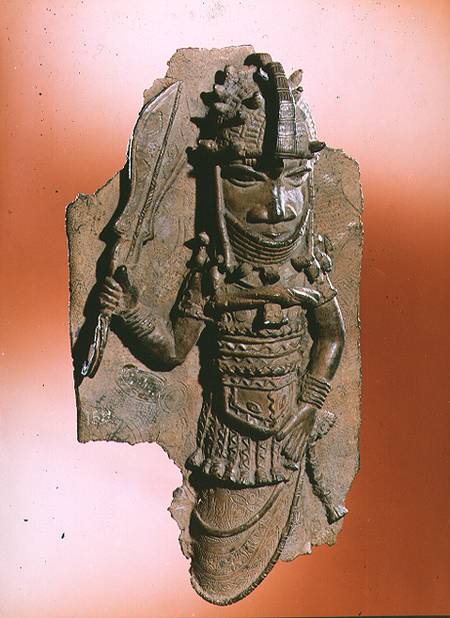Plaque depicting the royal god Oba holding the eben sword in his right hand, dancing to honour his a from Anonymous