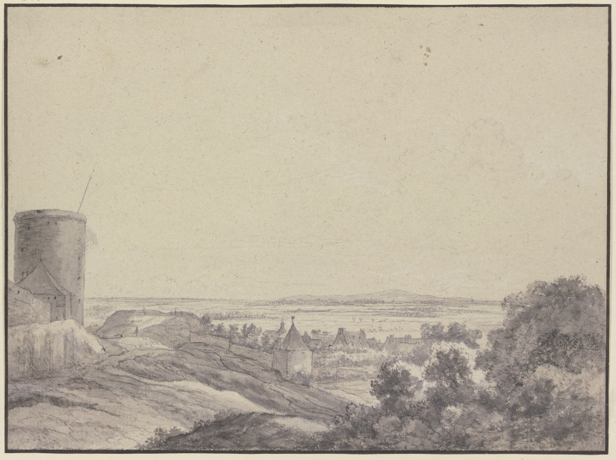 Landschaft, links ein Turm, einige Mauern und Häuser, rechts Gebüsch, Fernsicht from Anthonie Waterloo