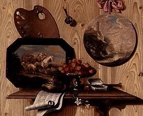 Trompe-l'Oeil: Schale mit Kirschen, Dose, Notenblatt, Palette und zwei Bildern from Antonio Mara