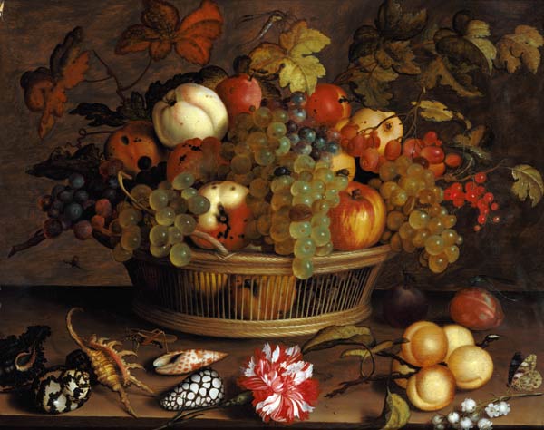 Stillleben mit Trauben, Äpfeln, Pfirsich, Pflaumen und Blumen from Balthasar van der Ast