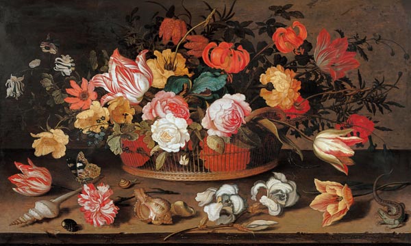 Rosen, Tulpen, Lilien und andere Blumen in einem Korb. from Balthasar van der Ast