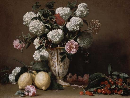 Kleines Keramikgefäß mit Päonien und anderen Blumen from Bernardo Il Capuccino Strozzi
