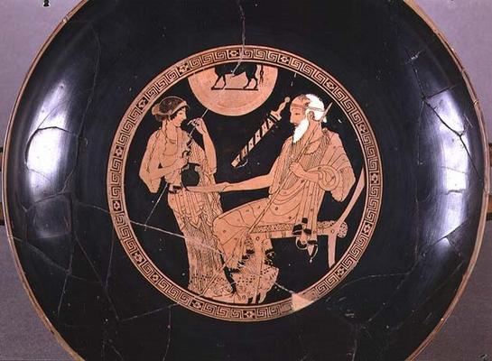 Attic red-figure cup depicting Phoenix and Briseis, Achilles' captive, Greek, c.490 BC (pottery) (se from Brygos Painter