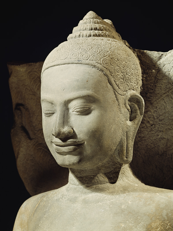 Buddha in Meditation on the Naga King, Mucilinda, detail of Buddha's head, from Preah Khan, Bayon st from Cambodian