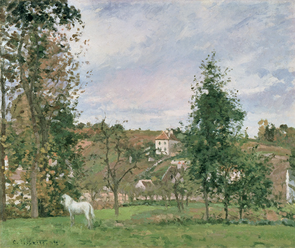 Landschaft mit weißem Pferd auf einer Wiese, L´Hermitage from Camille Pissarro