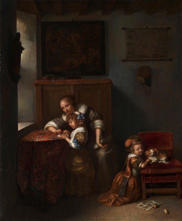 A Lady teaching a Child to read, and a Child playing with a Dog from Caspar Netscher