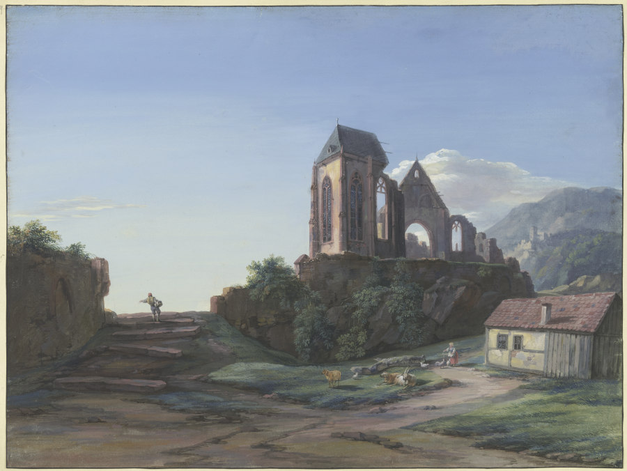 Eine gotische Kirchenruine, im Hintergrund eine Burg, vorne bei einer Hütte Schafe, eine Ziege und e from Christian Georg Schutz