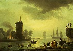 Seehafen in Abendstimmung mit Leuchtturm from Claude Joseph Vernet