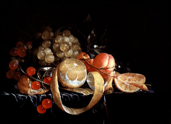 A Still Life with a lemon, grapes, cherries and apricots on a pewter plate from Cornelis de Heem