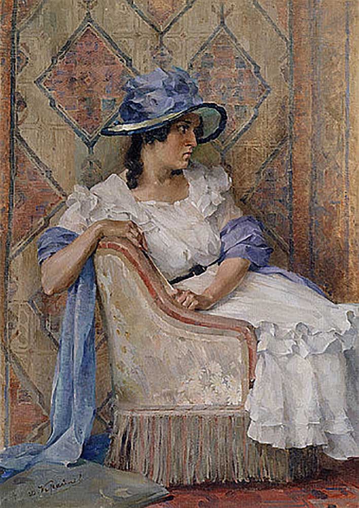 Dame in weißem Kleid und blauem Hut from Dmitry Kraynew