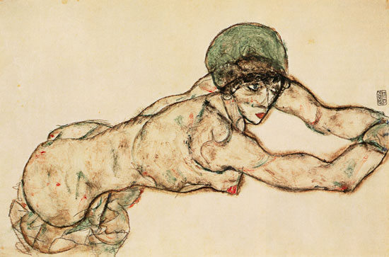 Nach rechts liegender Frauenakt mit grüner Haube from Egon Schiele
