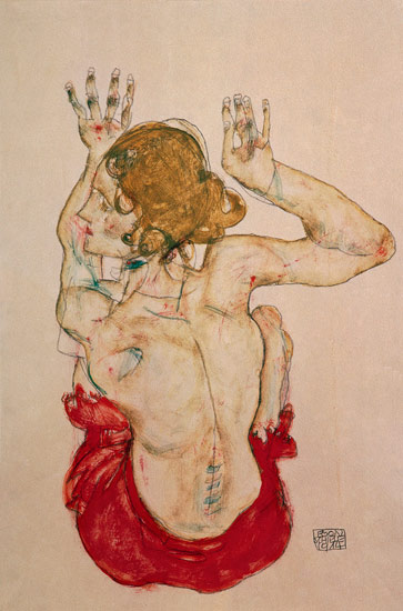 Rückenakt eines auf rotem Tuch sitzenden Mädchens from Egon Schiele