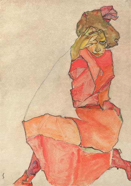 Kneeling Female in Orange-Red Dress 1910