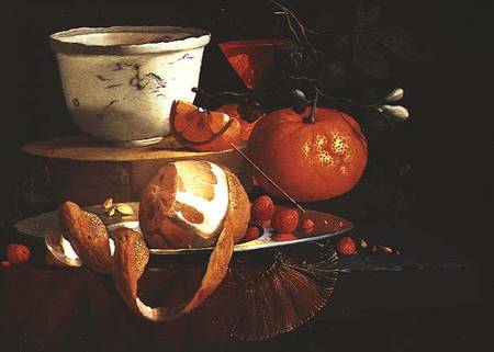 Still life of an orange, a lemon and strawberry on a pewter plate, a wan-li bowl behind from Elias van den Broeck