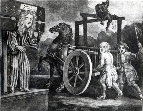 Titus Oates on the third day of his punishment in 1685, when he was stripped, tied to a cart and whi from English School