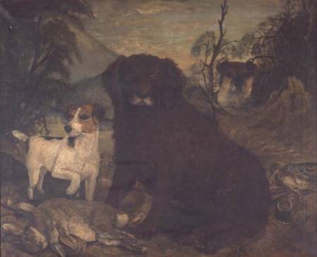 A Water Spaniel and Two Jack Russells by the Day's Bag from English School