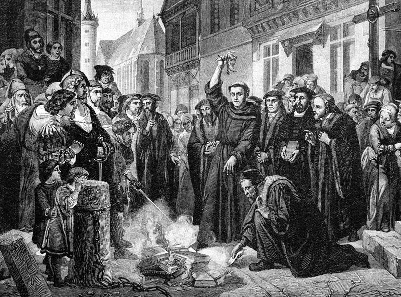 Martin Luther (1483-1546) Publicly Burning the Pope's Bull in 1521 (engraving) from English School, (19th century)