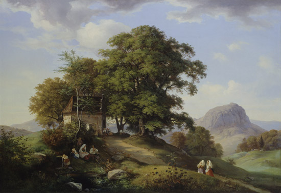 Gebirgige Landschaft mit Baumgruppe und Kapelle, im Hintergrund der Borschen from Ernst Ferdinand Oehme