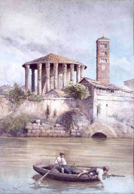 The Temple of Hercules from the River Tiber, Rome from Ettore Roesler Franz