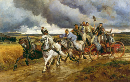 Die Dorffeuerwehr auf dem Wege zum Brandherd. from Eugène Burnand