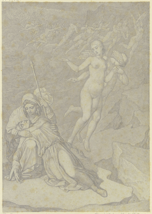Francesca und Paolo, gemeinsam im zweiten Höllenkreis schwebend, links der klagende Dante, von Vergi from Ferdinand Fellner