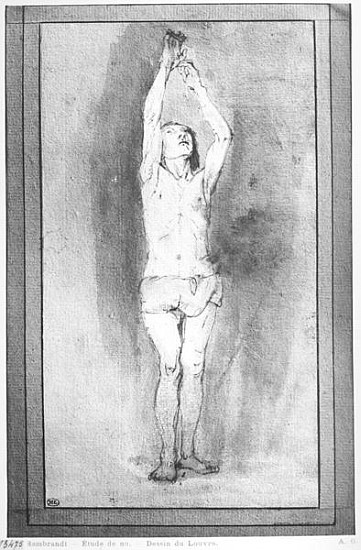 Young boy with a loincloth, both hands hanged on a small bar (pen, brown ink & wash on paper) from (follower of) Rembrandt Harmensz. van Rijn