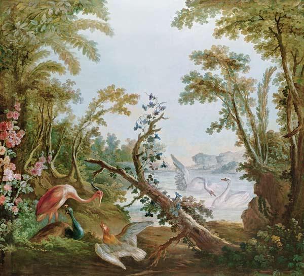 Lake with swans, a flamingo and various birds, from the salon of Gilles Demartea