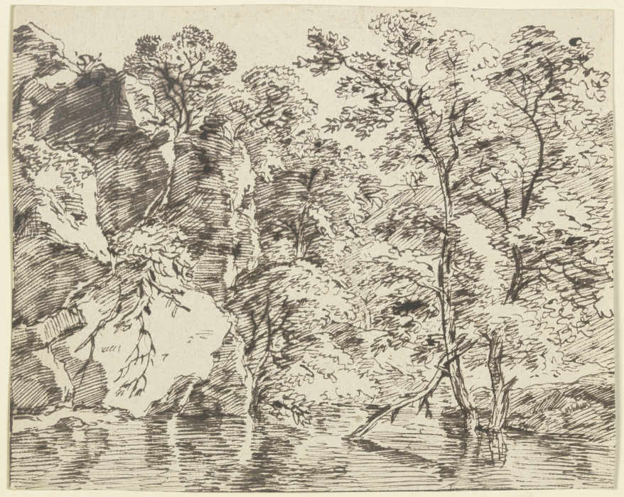Felsige Uferböschung mit Bäumen am hoch stehenden Gewässer from Franz Innocenz Josef Kobell