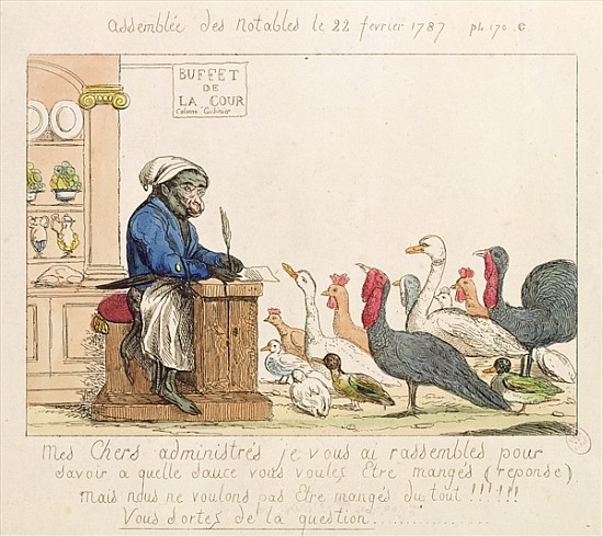 Caricature of the Assembly of Notables, 22nd February 1787 (coloured etching) from French School